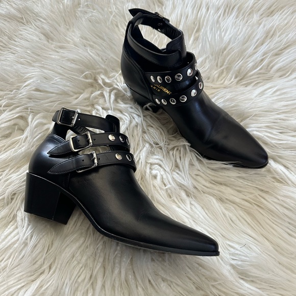 Saint Laurent Black Leather‎ Rock 3 Buckles Ankle Boots Riding Booties 38 - Picture 1 of 10